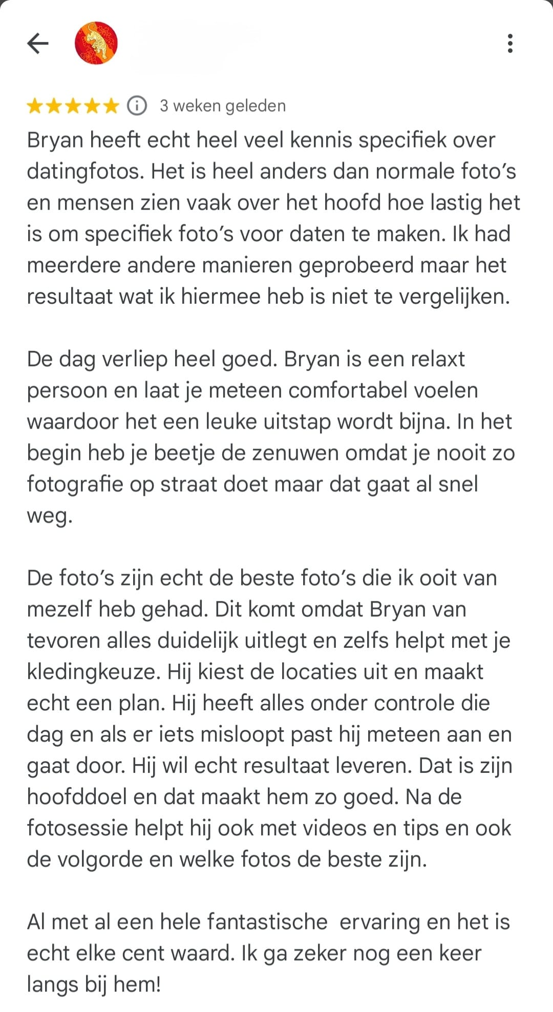 Een Google Review van een blije klant van DateFoto